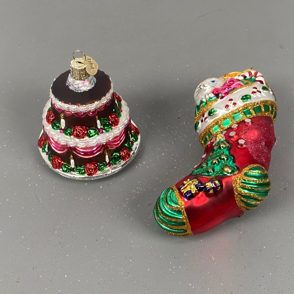 Old World Christmas Glass Holiday Ornaments Chocolate Cake & Cat In Stocking Set